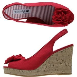 Red Peep Toe Canvas Wedges